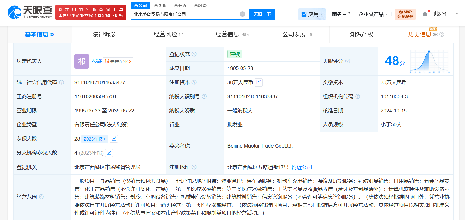 茅臺旗下北京貿易公司現經營異常 涉及租賃計算機及輔助設備